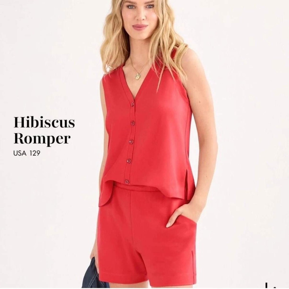Cabi Womens Hibiscus Romper Size Large Coral Pink Sleeveless Button Front Lounge